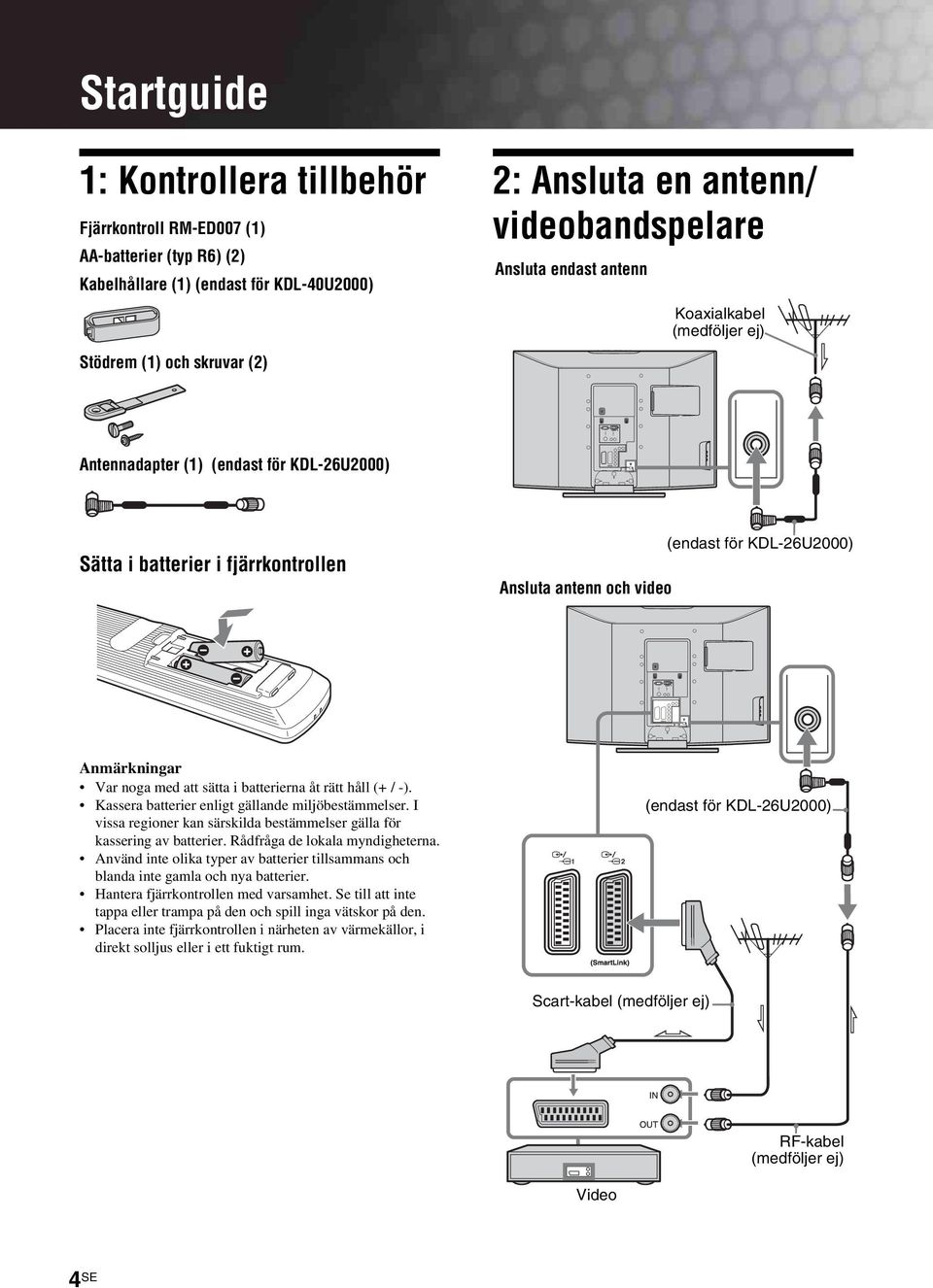 noga med att sätta i batterierna åt rätt håll (+ / -). Kassera batterier enligt gällande miljöbestämmelser. I vissa regioner kan särskilda bestämmelser gälla för kassering av batterier.