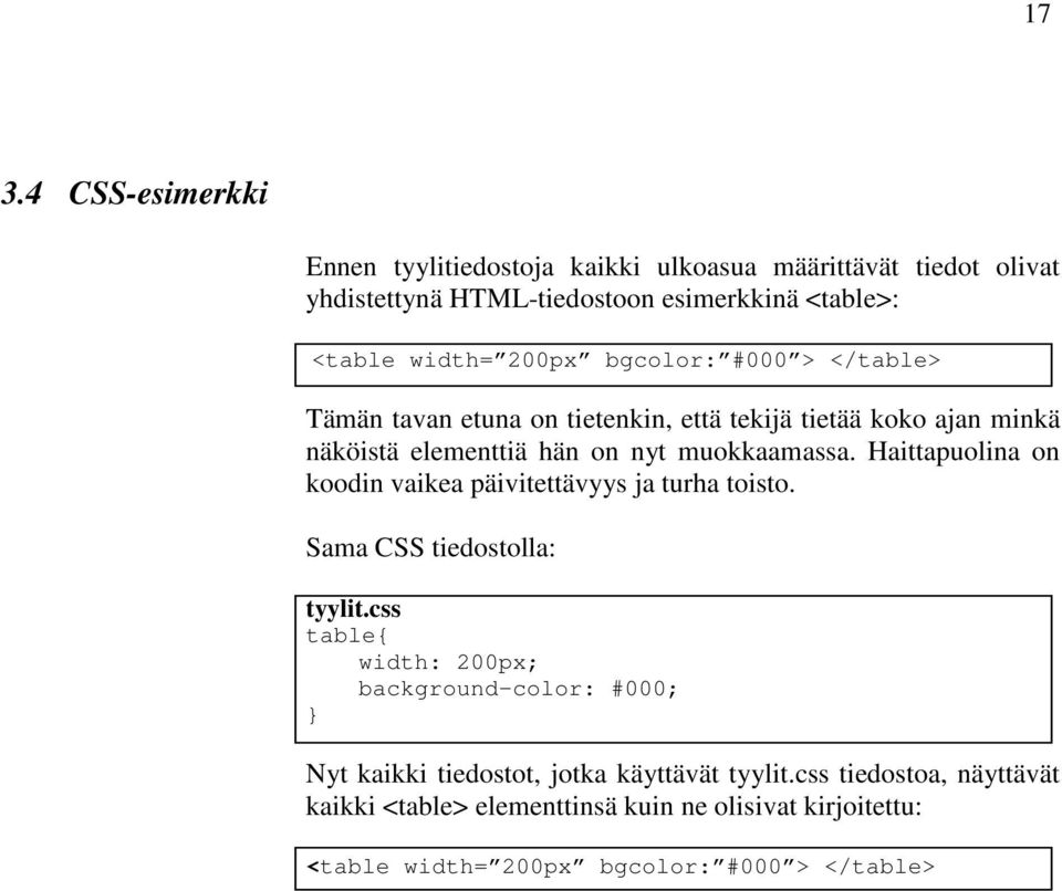 Haittapuolina on koodin vaikea päivitettävyys ja turha toisto. Sama CSS tiedostolla: tyylit.