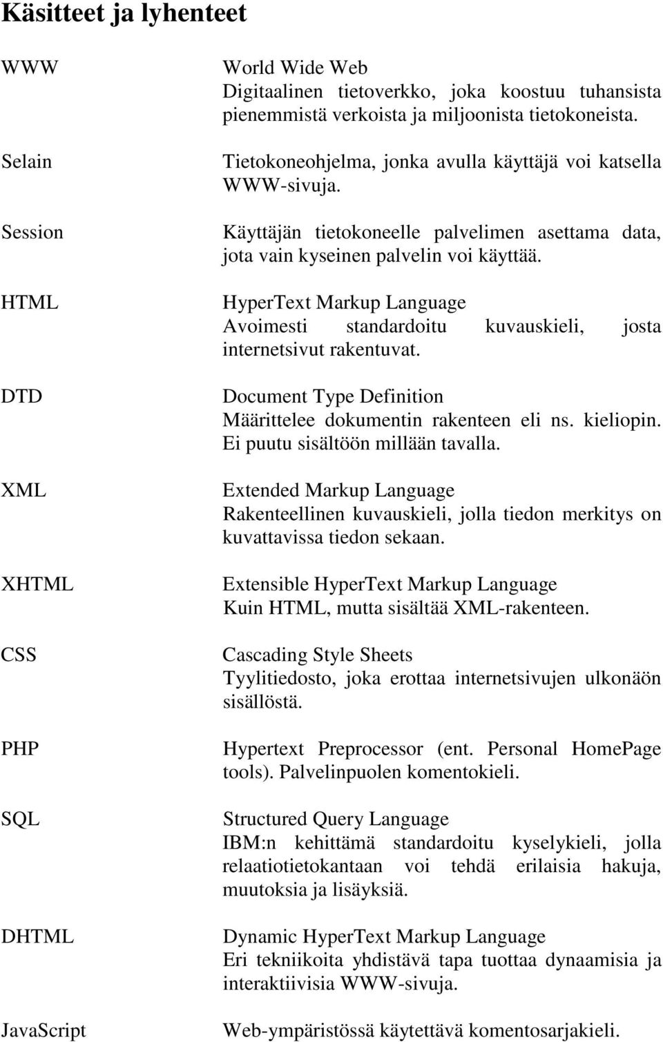 HyperText Markup Language Avoimesti standardoitu kuvauskieli, josta internetsivut rakentuvat. Document Type Definition Määrittelee dokumentin rakenteen eli ns. kieliopin.