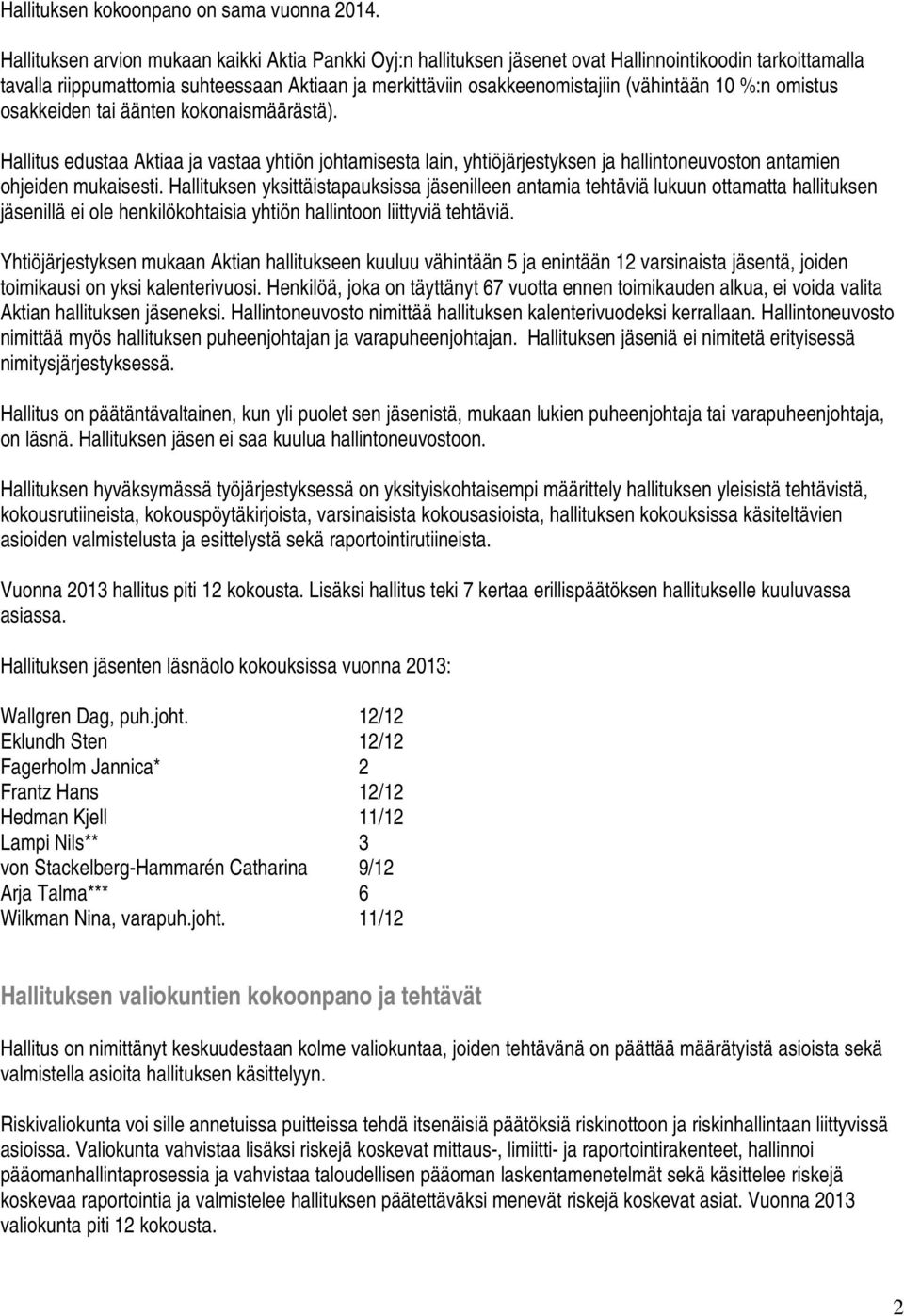 10 %:n omistus osakkeiden tai äänten kokonaismäärästä). Hallitus edustaa Aktiaa ja vastaa yhtiön johtamisesta lain, yhtiöjärjestyksen ja hallintoneuvoston antamien ohjeiden mukaisesti.