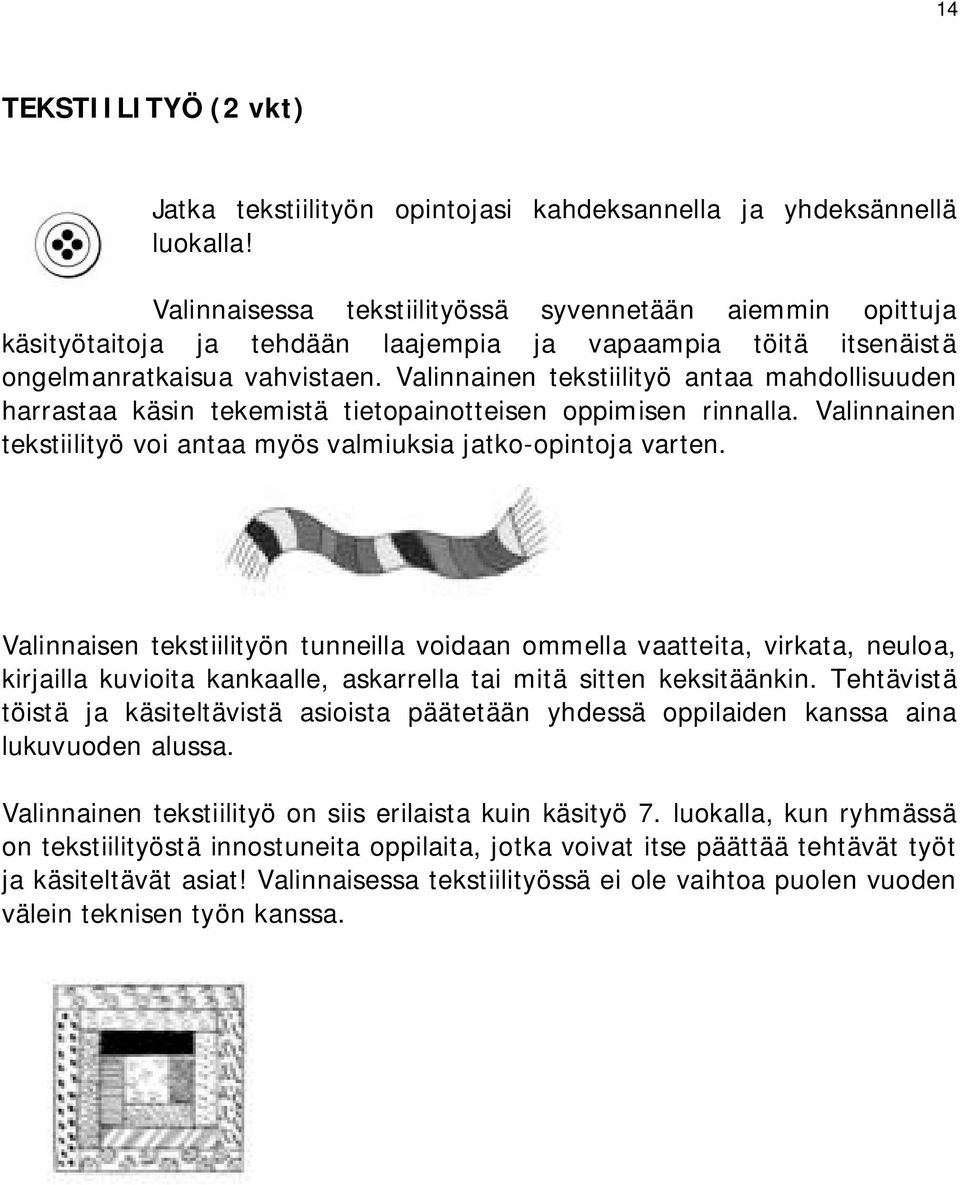 Valinnainen tekstiilityö antaa mahdollisuuden harrastaa käsin tekemistä tietopainotteisen oppimisen rinnalla. Valinnainen tekstiilityö voi antaa myös valmiuksia jatko-opintoja varten.