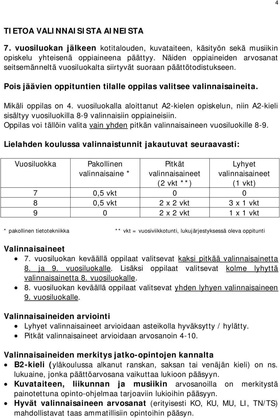 vuosiluokalla aloittanut A2-kielen opiskelun, niin A2-kieli sisältyy vuosiluokilla 8-9 valinnaisiin oppiaineisiin. Oppilas voi tällöin valita vain yhden pitkän valinnaisaineen vuosiluokille 8-9.