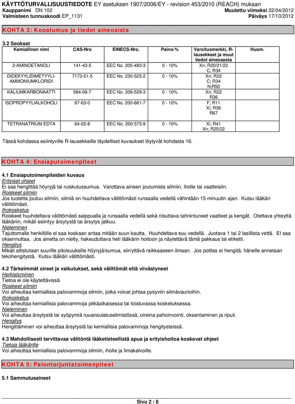 209-529-3 0-10% Xn; R22 R36 ISOPROPYYLIALKOHOLI 67-63-0 EEC No. 200-661-7 0-10% F; R11 Xi; R36 R67 Huom. TETRANATRIUM EDTA 64-02-8 EEC No.