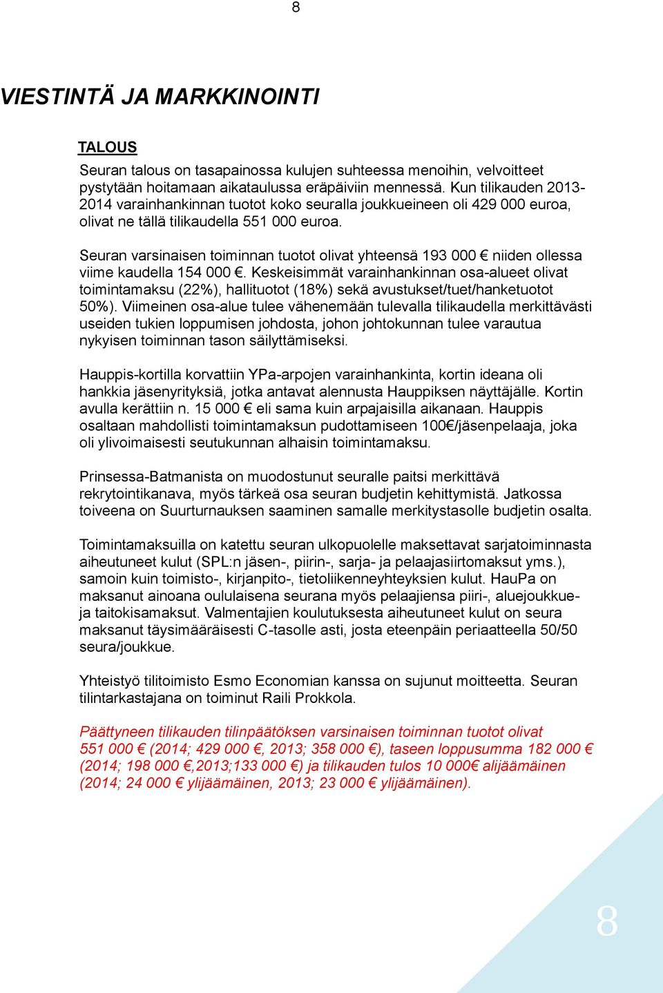 Seuran varsinaisen toiminnan tuotot olivat yhteensä 193 000 niiden ollessa viime kaudella 154 000.