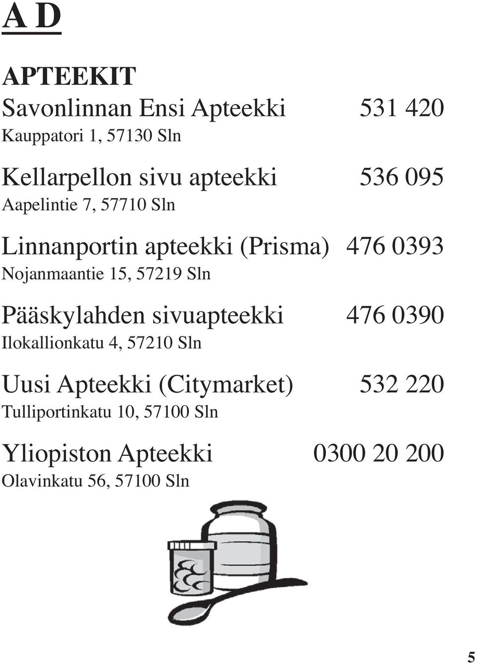 15, 57219 Sln Pääskylahden sivuapteekki 476 0390 Ilokallionkatu 4, 57210 Sln Uusi Apteekki