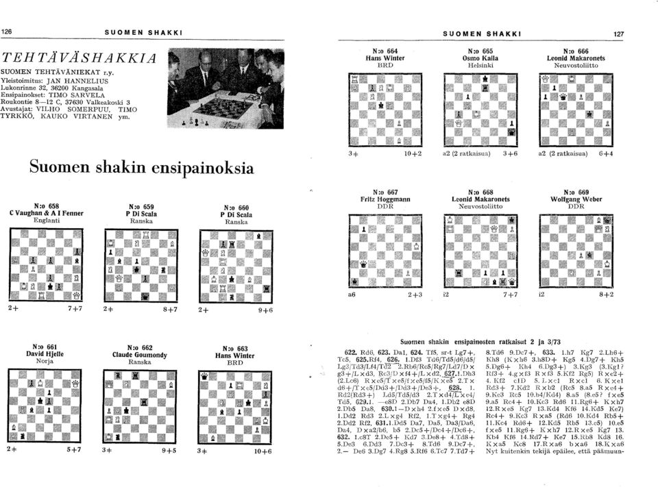 N:o 664 Hans Winter ERD N:o 665 Osmo Kaila Helsinki N:o 666 Leonid Makaronets Neuvostoliitto Suomen shakin ensipainoksia a2 (2 ratkaisua) N:o 658 C Vaughan & A 1 Fenner Englanti N:o 659 P Di Scala