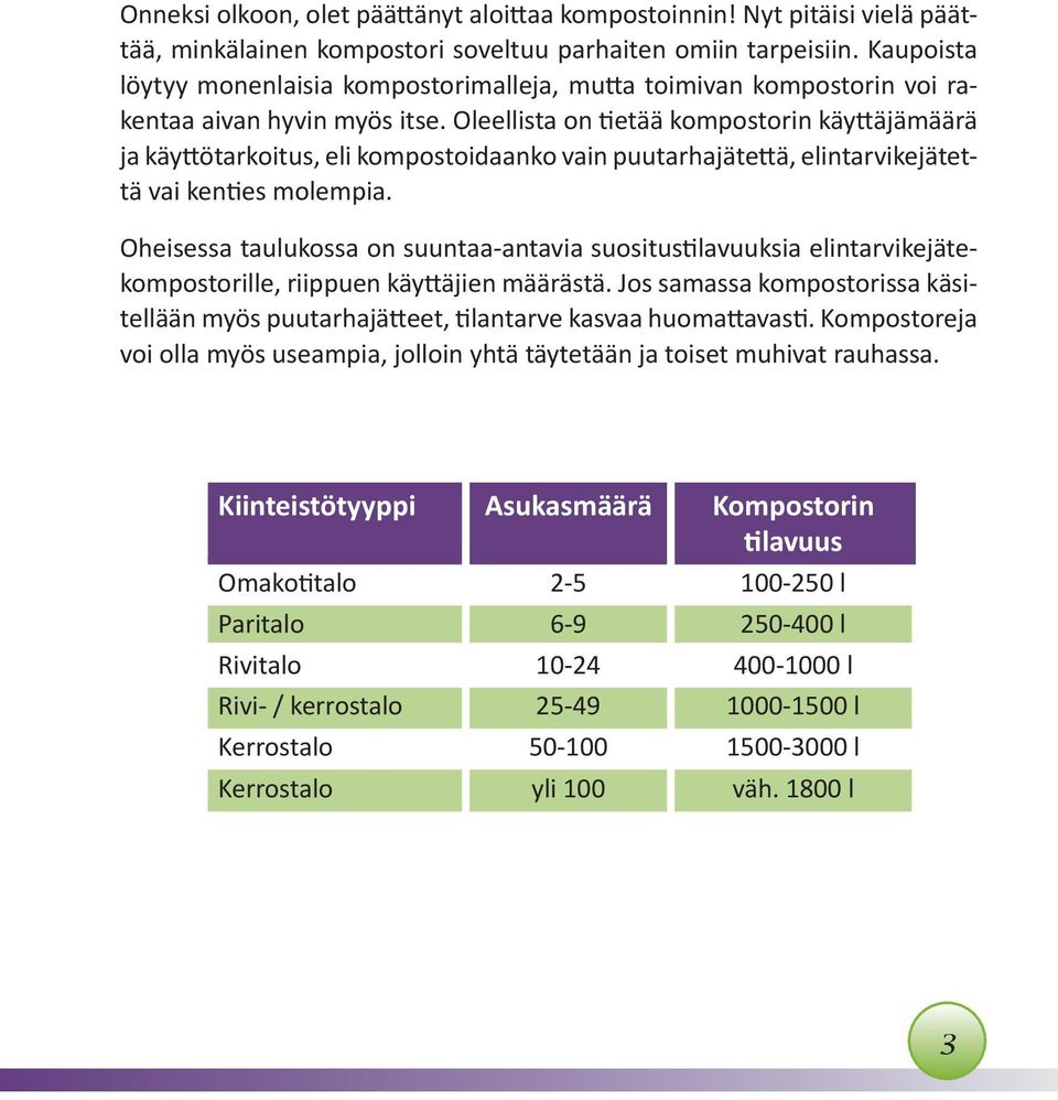 Oleellista on tietää kompostorin käyttäjämäärä ja käyttötarkoitus, eli kompostoidaanko vain puutarhajätettä, elintarvikejätettä vai kenties molempia.