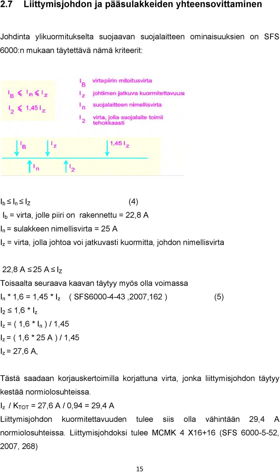 olla voimassa I n * 1,6 = 1,45 * I z ( SFS6000-4-43,2007,162 ) (5) I 2 1,6 * I z I z = ( 1,6 * I n ) / 1,45 I z = ( 1,6 * 25 A ) / 1,45 I z = 27,6 A, Tästä saadaan korjauskertoimilla korjattuna