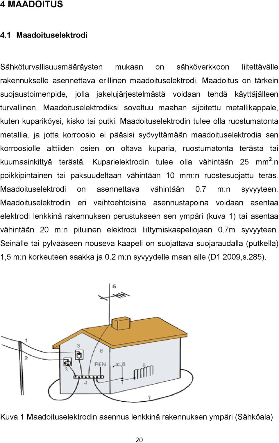 Maadoituselektrodiksi soveltuu maahan sijoitettu metallikappale, kuten kupariköysi, kisko tai putki.