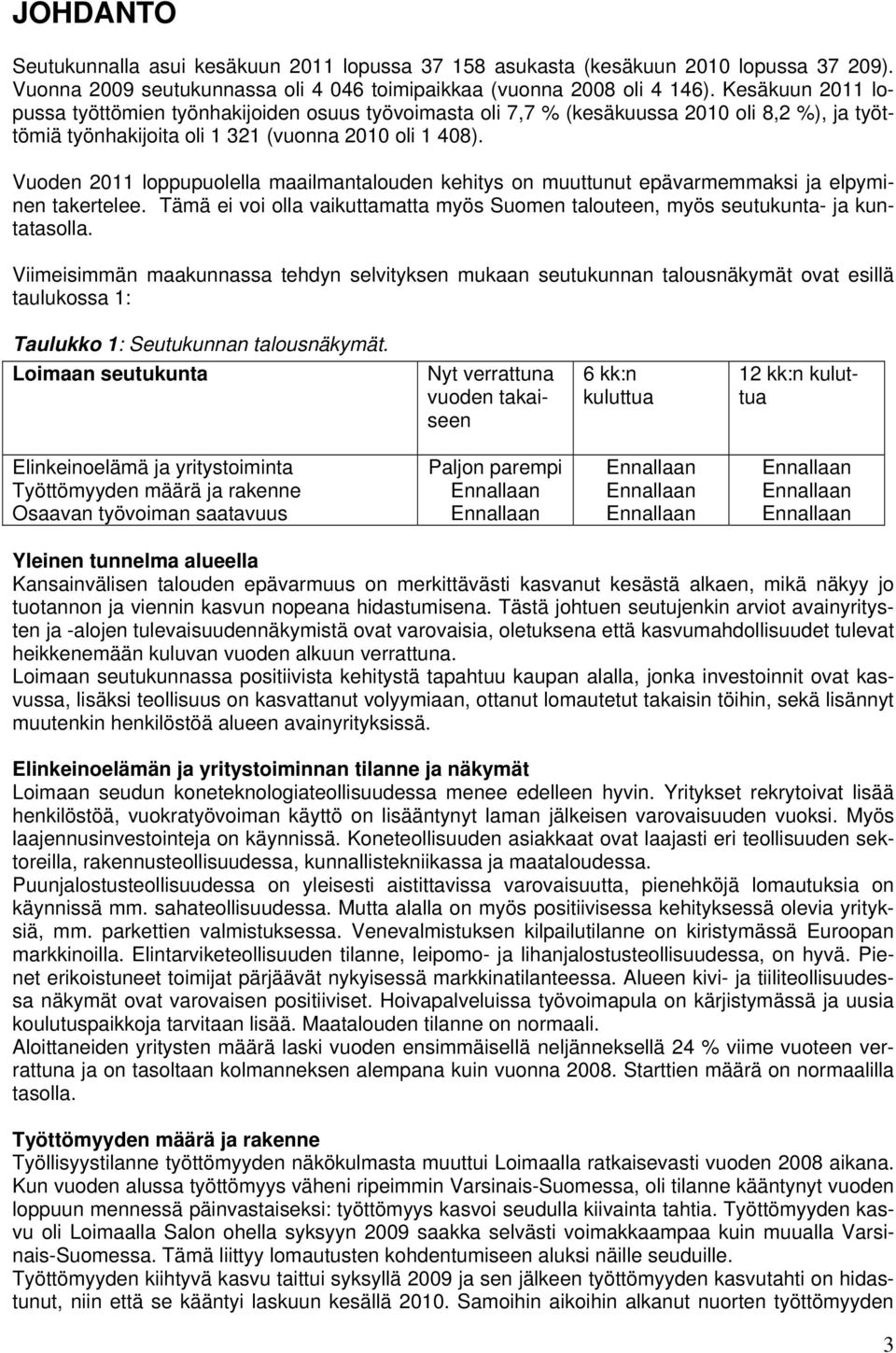 Vuoden 2011 loppupuolella maailmantalouden kehitys on muuttunut epävarmemmaksi ja elpyminen takertelee. Tämä ei voi olla vaikuttamatta myös Suomen talouteen, myös seutukunta- ja kuntatasolla.