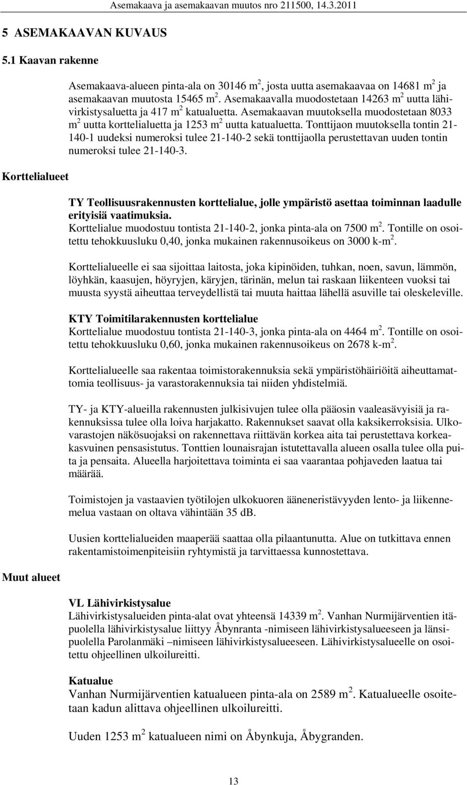 Asemakaavalla muodostetaan 14263 m 2 uutta lähivirkistysaluetta ja 417 m 2 katualuetta. Asemakaavan muutoksella muodostetaan 8033 m 2 uutta korttelialuetta ja 1253 m 2 uutta katualuetta.