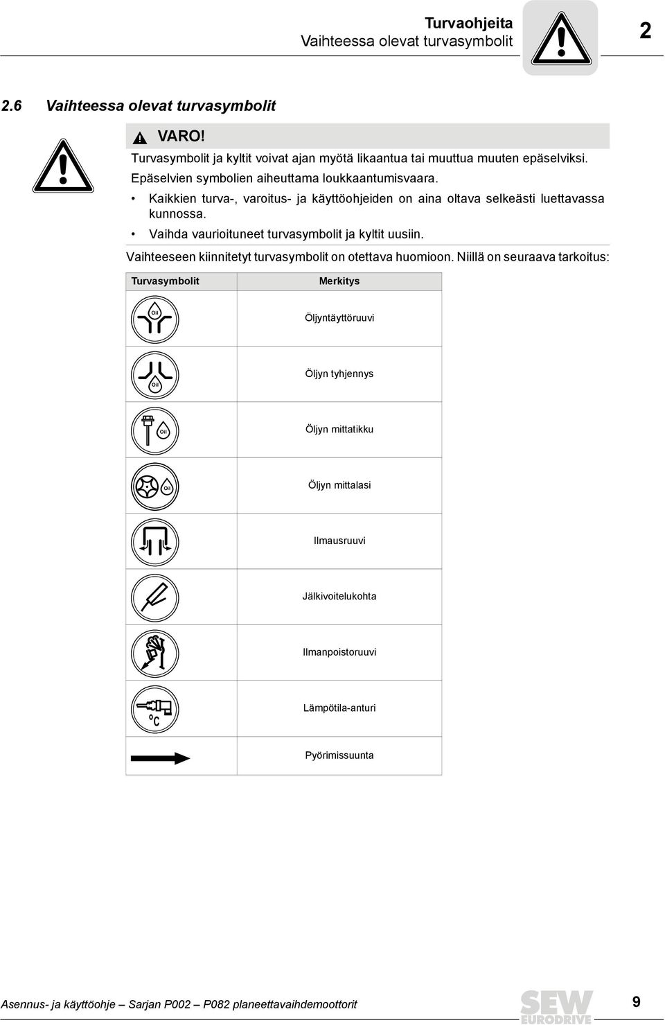 Vaihda vaurioituneet turvasymbolit ja kyltit uusiin. Vaihteeseen kiinnitetyt turvasymbolit on otettava huomioon.