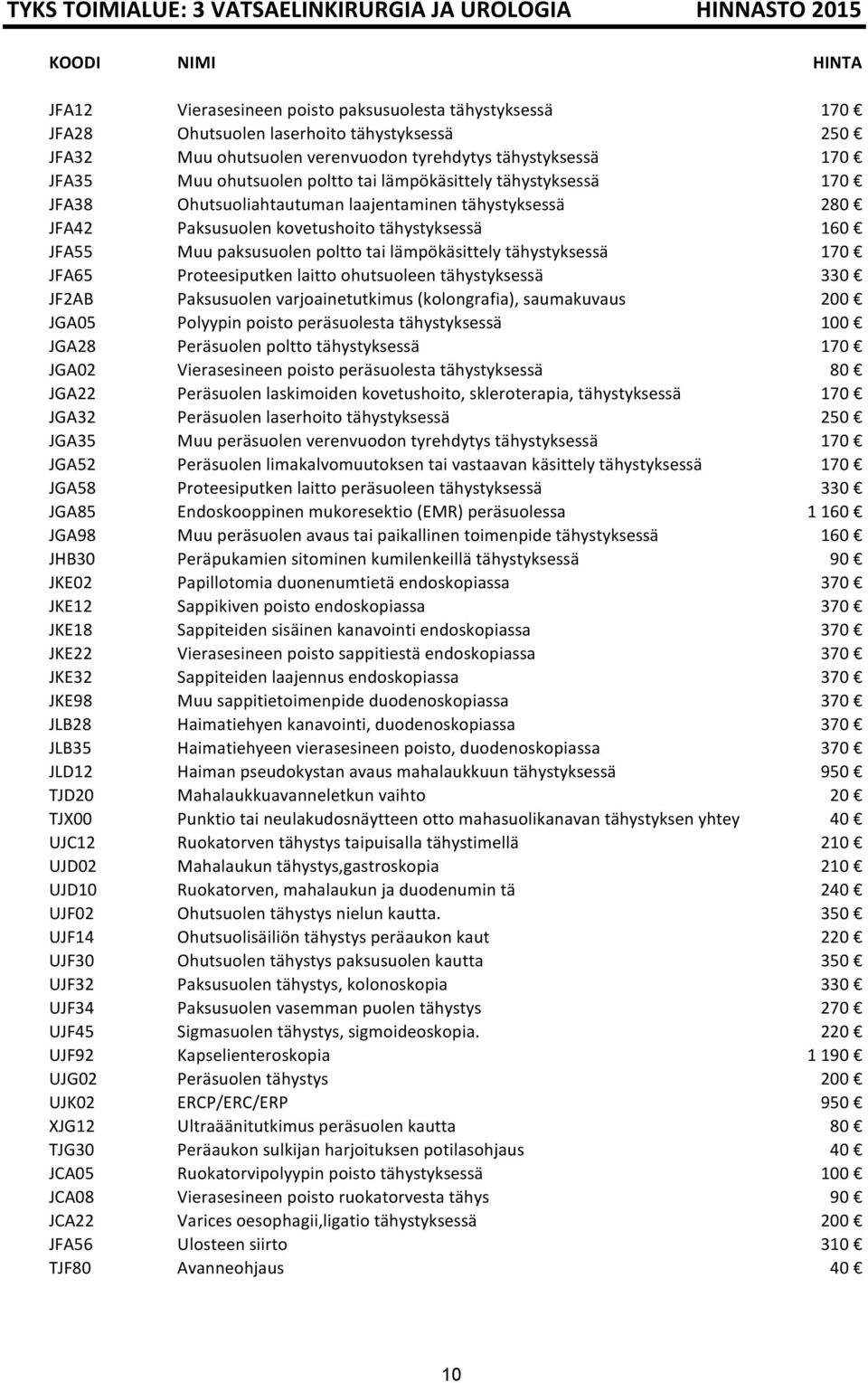 160 JFA55 Muu paksusuolen poltto tai lämpökäsittely tähystyksessä 170 JFA65 Proteesiputken laitto ohutsuoleen tähystyksessä 330 JF2AB Paksusuolen varjoainetutkimus (kolongrafia), saumakuvaus 200