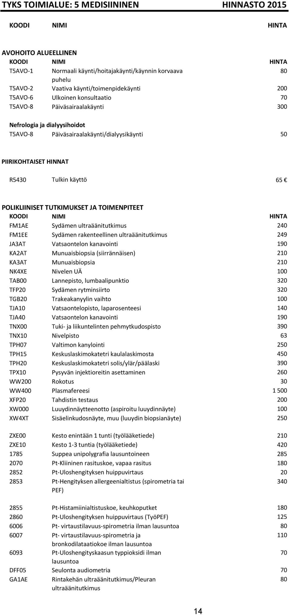 TOIMENPITEET FM1AE Sydämen ultraäänitutkimus 240 FM1EE Sydämen rakenteellinen ultraäänitutkimus 249 JA3AT Vatsaontelon kanavointi 190 KA2AT Munuaisbiopsia (siirrännäisen) 210 KA3AT Munuaisbiopsia 210