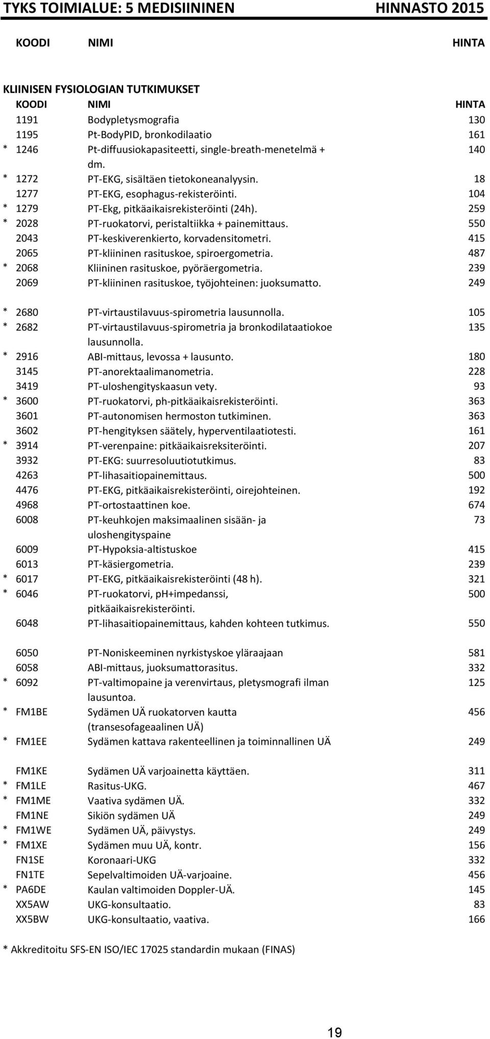 259 * 2028 PT-ruokatorvi, peristaltiikka + painemittaus. 550 2043 PT-keskiverenkierto, korvadensitometri. 415 2065 PT-kliininen rasituskoe, spiroergometria.