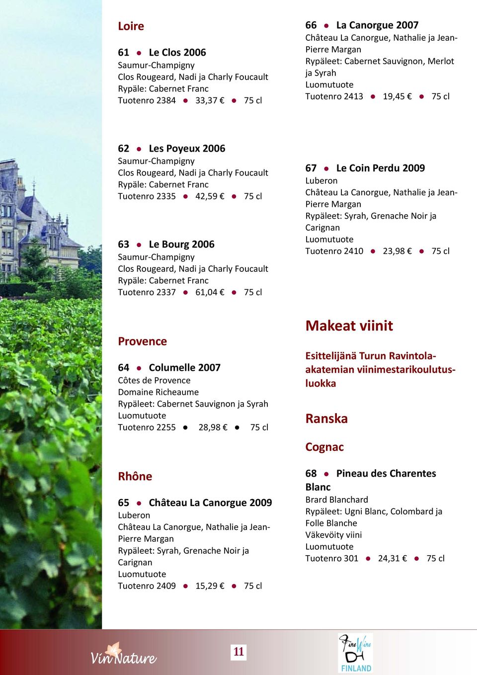 Le Bourg 2006 Saumur Champigny Clos Rougeard, Nadi ja Charly Foucault Rypäle: Cabernet Franc Tuotenro 2337 61,04 75 cl Provence 64 Columelle 2007 Côtes de Provence Domaine Richeaume Rypäleet: