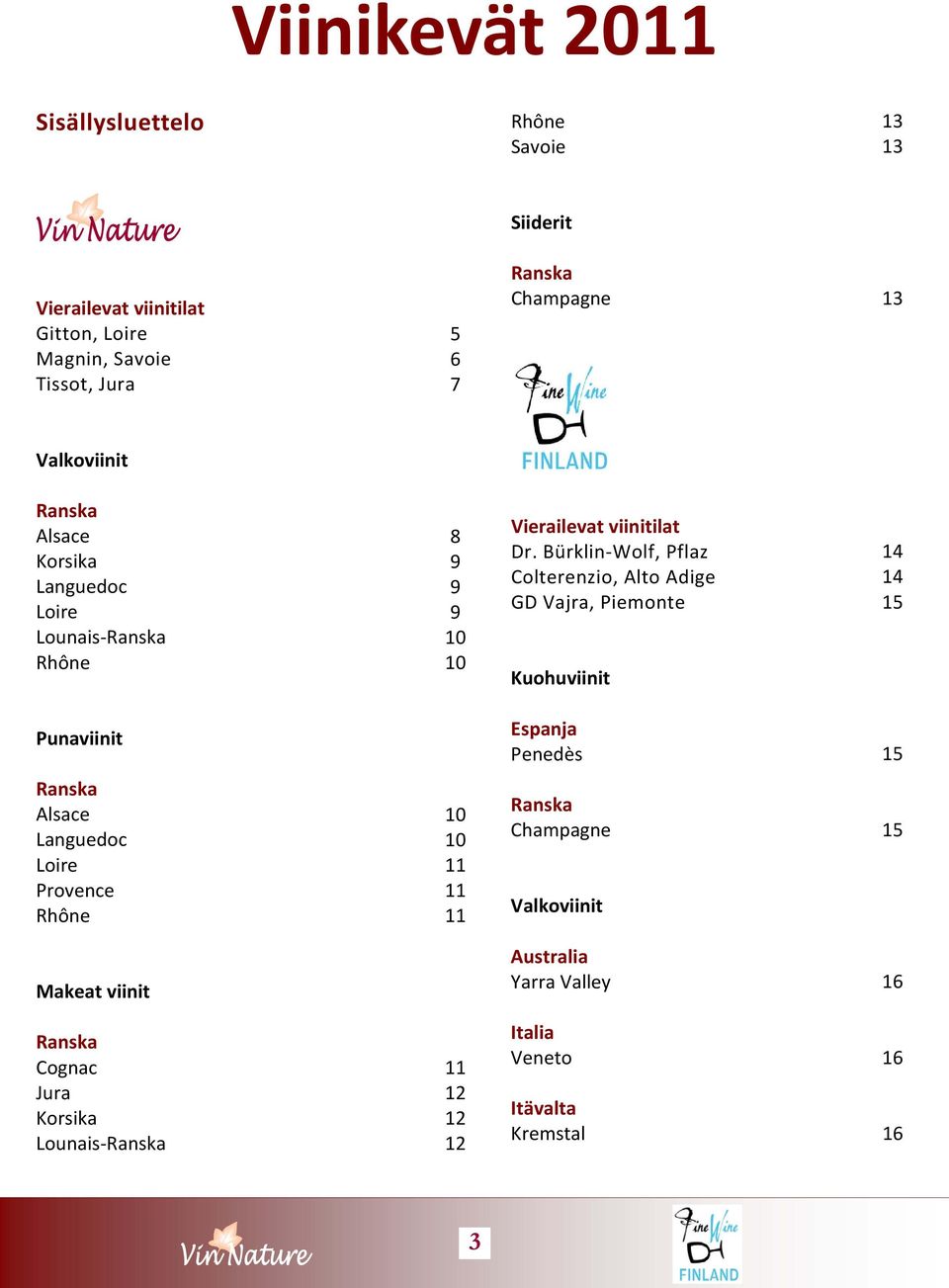 Bürklin Wolf, Pflaz Colterenzio, Alto Adige GD Vajra, Piemonte Kuohuviinit 14 14 15 Punaviinit Espanja Penedès 15 Alsace Languedoc Loire
