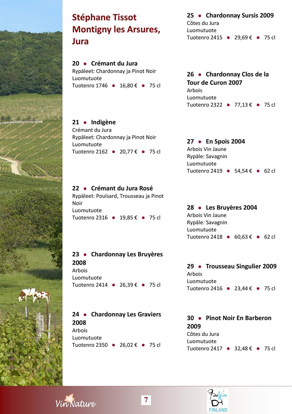 Bruyères 2008 Arbois Tuotenro 2414 26,39 75 cl 26 Chardonnay Clos de la Tour de Curon 2007 Arbois Tuotenro 2322 77,13 75 cl 27 En Spois 2004 Arbois Vin Jaune Rypäle: Savagnin Tuotenro 2419 54,54 62