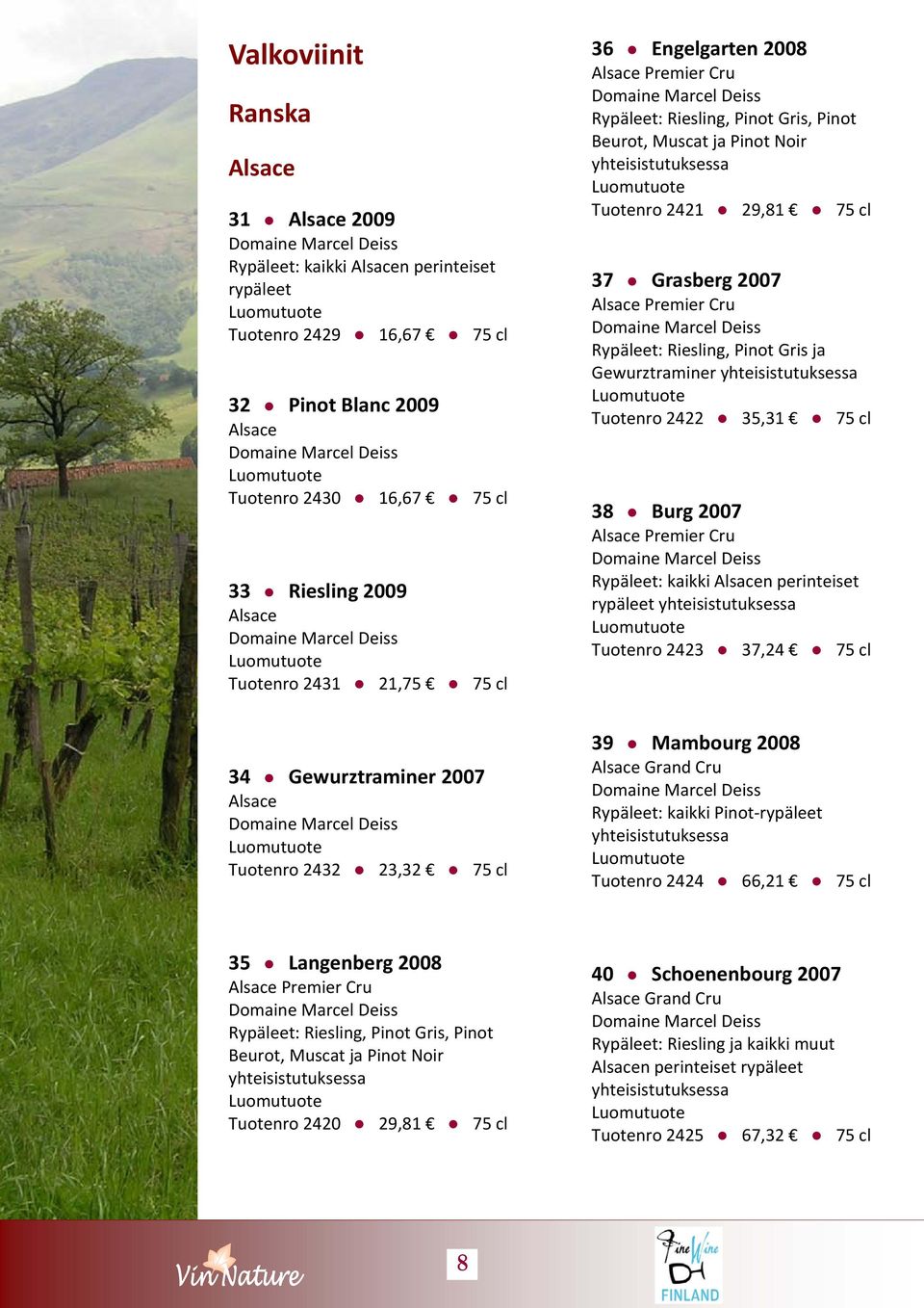 Tuotenro 2421 29,81 75 cl 37 Grasberg 2007 Alsace Premier Cru Rypäleet: Riesling, Pinot Gris ja Gewurztraminer yhteisistutuksessa Tuotenro 2422 35,31 75 cl 38 Burg 2007 Alsace Premier Cru Rypäleet: