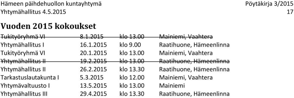 2.2015 klo 13.30 Raatihuone, Hämeenlinna Tarkastuslautakunta I 5.3.2015 klo 12.00 Mainiemi, Vaahtera Yhtymävaltuusto I 13.5.2015 klo 13.00 Mainiemi Yhtymähallitus III 29.