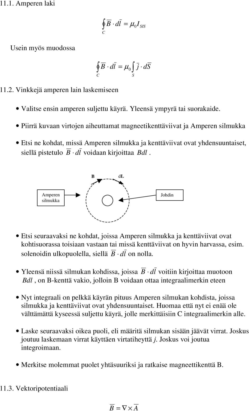 dl Amperen slmukka Johdn Ets seuraavaks ne kohdat, jossa Amperen slmukka ja kenttävvat ovat kohtsuorassa tosaan vastaan ta mssä kenttävvat on hyvn harvassa, esm.