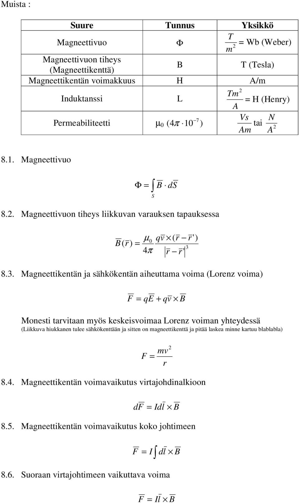 . Magneettkentän ja sähkökentän aheuttama voma (Lorenz voma) F qe + qv Monest tarvtaan myös keskesvomaa Lorenz voman yhteydessä (Lkkuva hukkanen tulee sähkökenttään ja