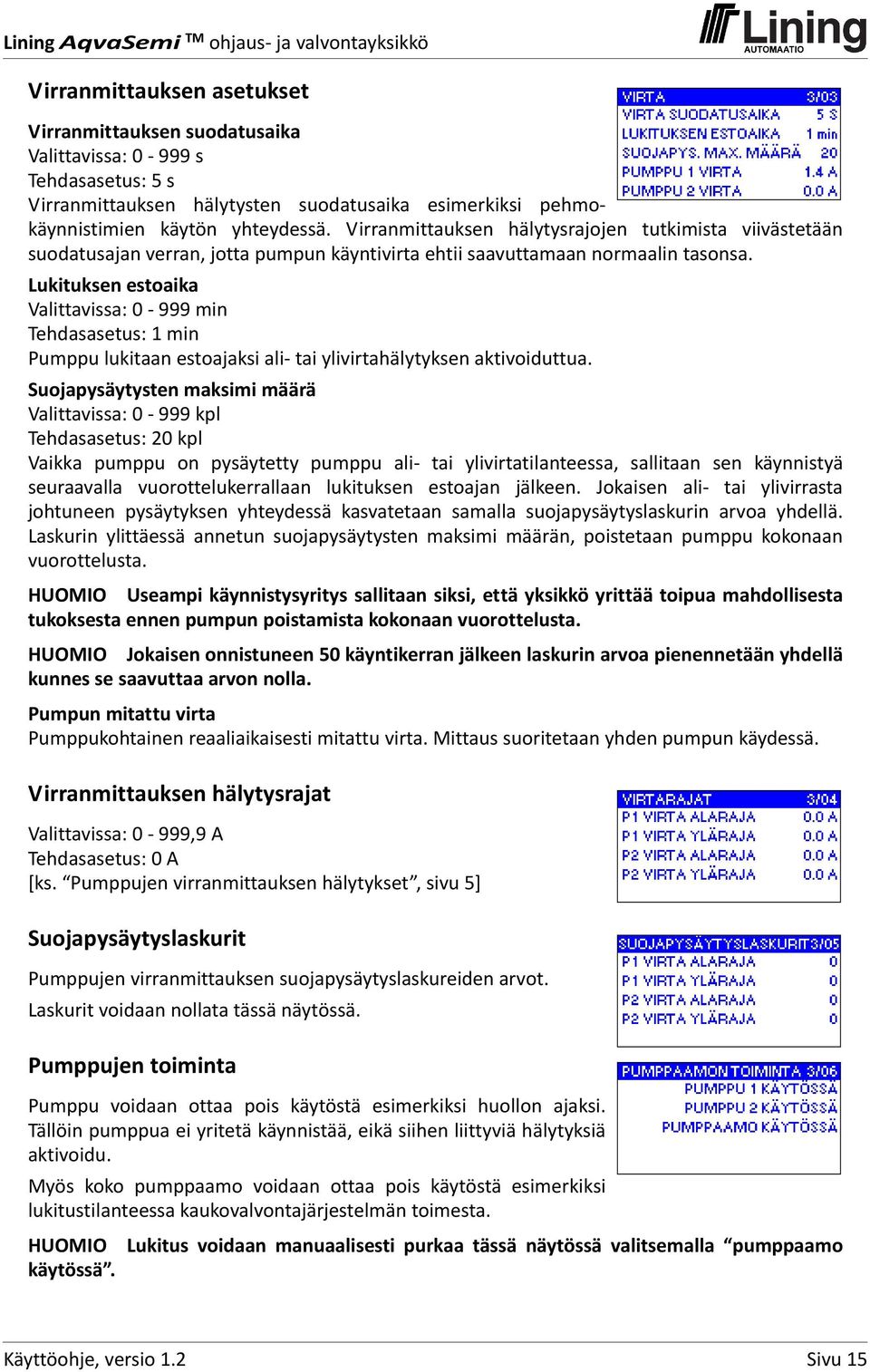 Lukituksen estoaika Valittavissa: 0 999 min Tehdasasetus: 1 min Pumppu lukitaan estoajaksi ali tai ylivirtahälytyksen aktivoiduttua.