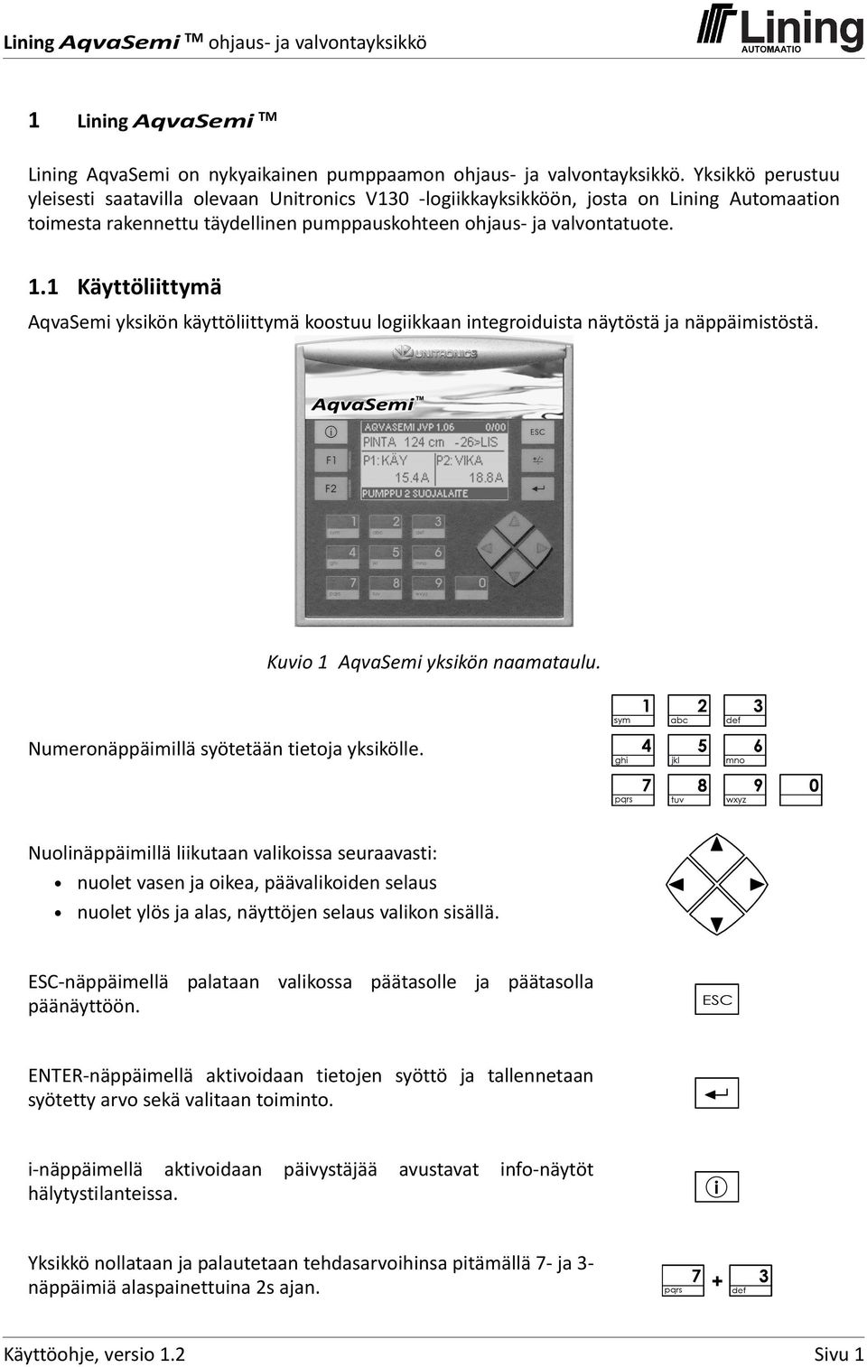 1 Käyttöliittymä AqvaSemi yksikön käyttöliittymä koostuu logiikkaan integroiduista näytöstä ja näppäimistöstä. Kuvio 1 AqvaSemi yksikön naamataulu. Numeronäppäimillä syötetään tietoja yksikölle.