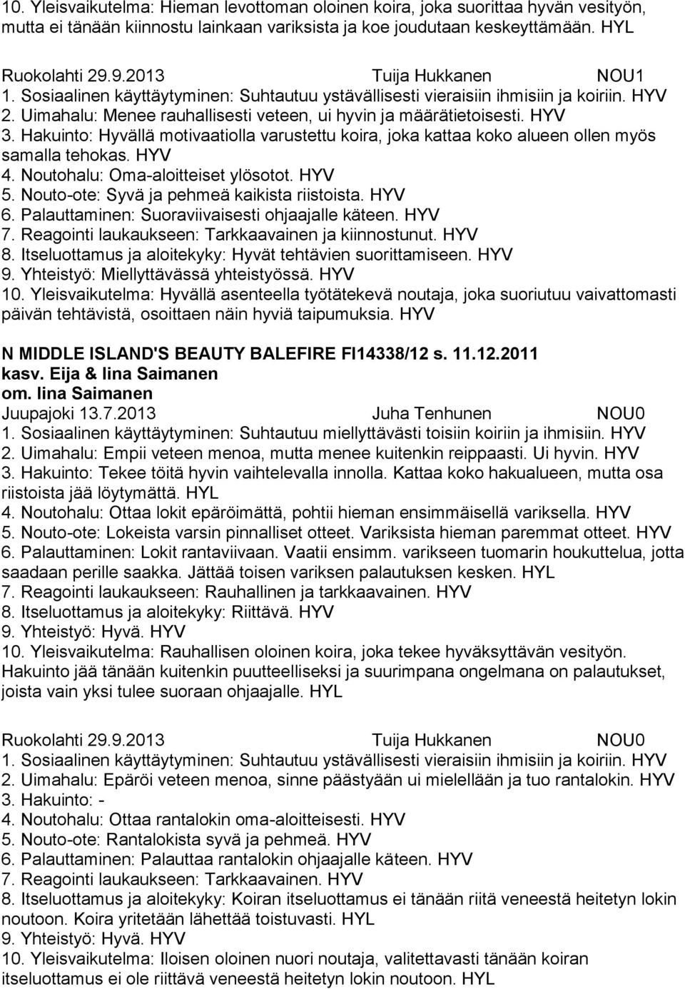 Hakuinto: Hyvällä motivaatiolla varustettu koira, joka kattaa koko alueen ollen myös samalla tehokas. 4. Noutohalu: Oma-aloitteiset ylösotot. 5. Nouto-ote: Syvä ja pehmeä kaikista riistoista. 6.