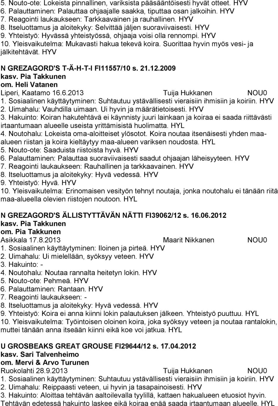 Yleisvaikutelma: Mukavasti hakua tekevä koira. Suorittaa hyvin myös vesi- ja jälkitehtävät. N GREZAGORD'S T-Ä-H-T-I FI11557/10 s. 21.12.2009 kasv. Pia Takkunen om. Heli Vatanen Liperi, Kaatamo 16.