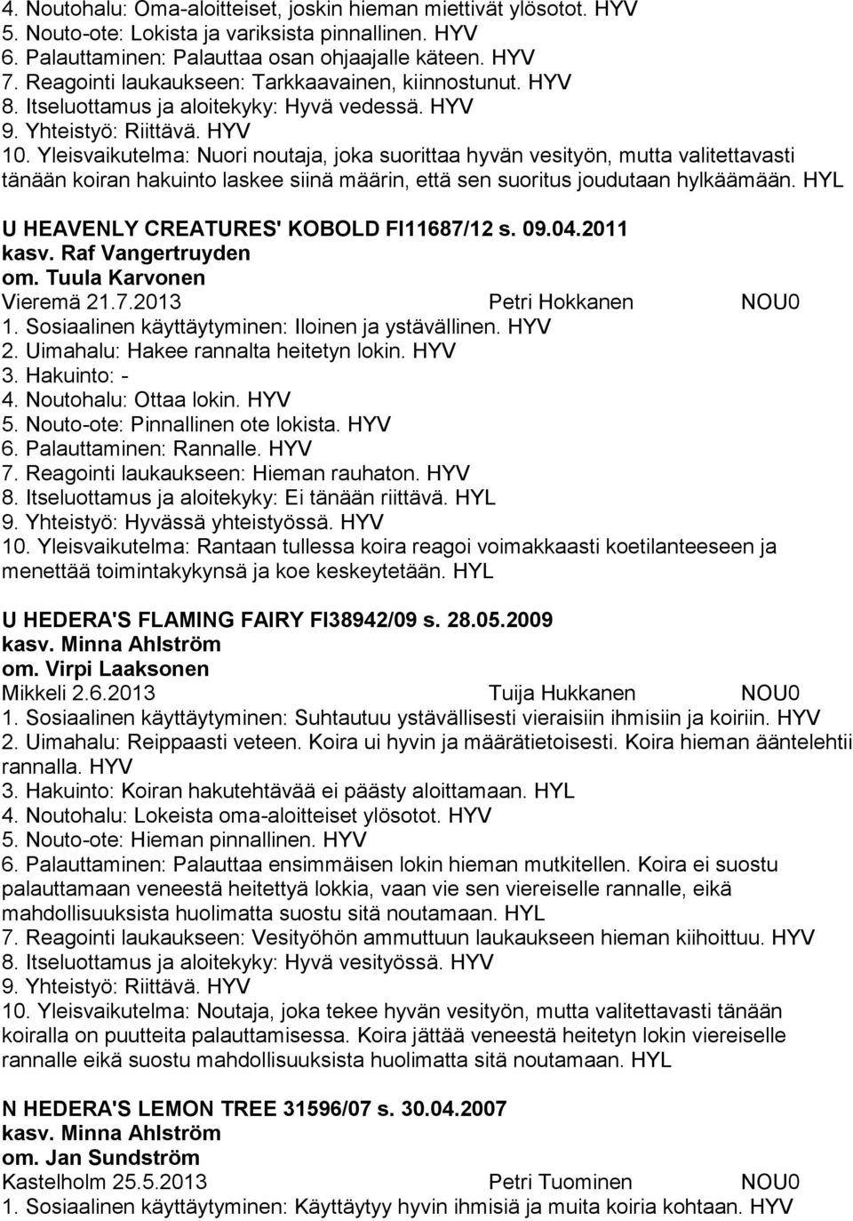 Yleisvaikutelma: Nuori noutaja, joka suorittaa hyvän vesityön, mutta valitettavasti tänään koiran hakuinto laskee siinä määrin, että sen suoritus joudutaan hylkäämään.