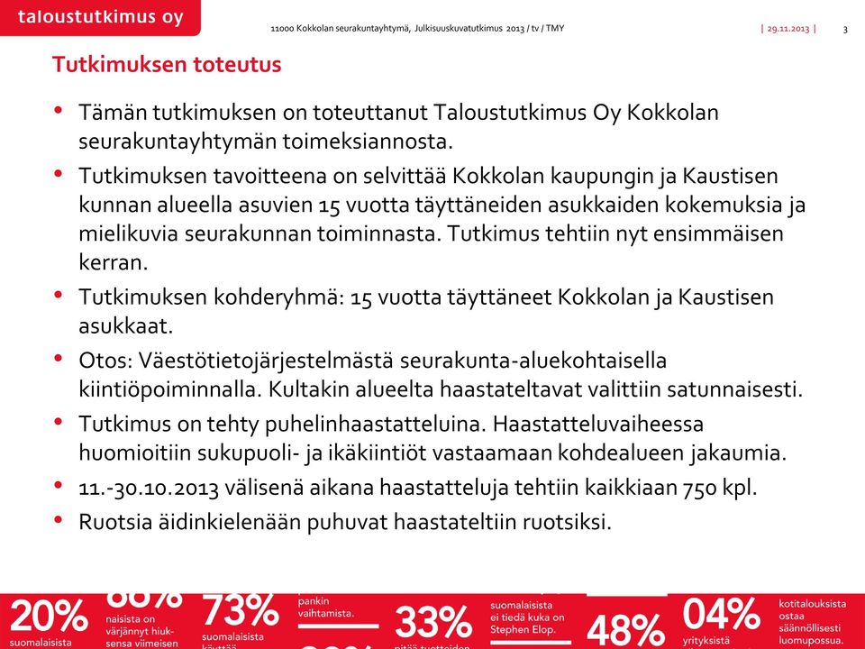 Tutkimus tehtiin nyt ensimmäisen kerran. Tutkimuksen kohderyhmä: 15 vuotta täyttäneet Kokkolan ja Kaustisen asukkaat. Otos: Väestötietojärjestelmästä seurakunta-aluekohtaisella kiintiöpoiminnalla.