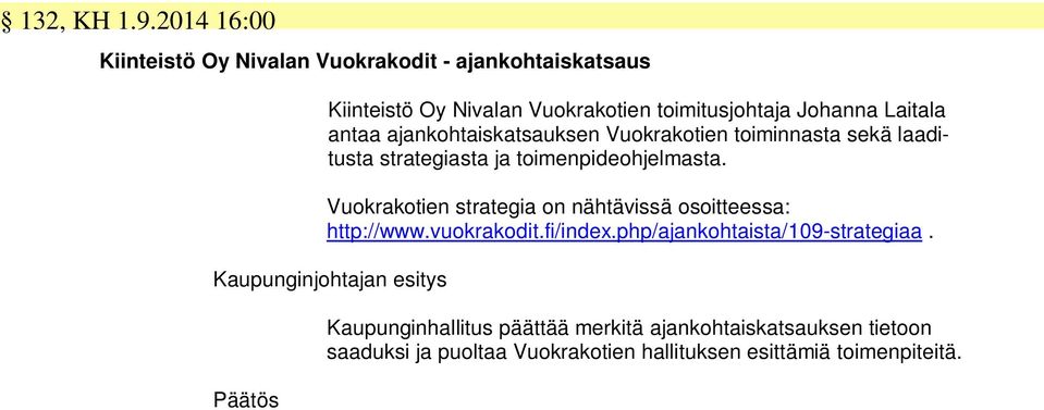 Laitala antaa ajankohtaiskatsauksen Vuokrakotien toiminnasta sekä laaditusta strategiasta ja toimenpideohjelmasta.