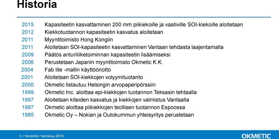 K. 2004 Fab lite -mallin käyttöönotto 2001 Aloitetaan SOI-kiekkojen volyymituotanto 2000 Okmetic listautuu Helsingin arvopaperipörssiin 1999 Okmetic Inc.