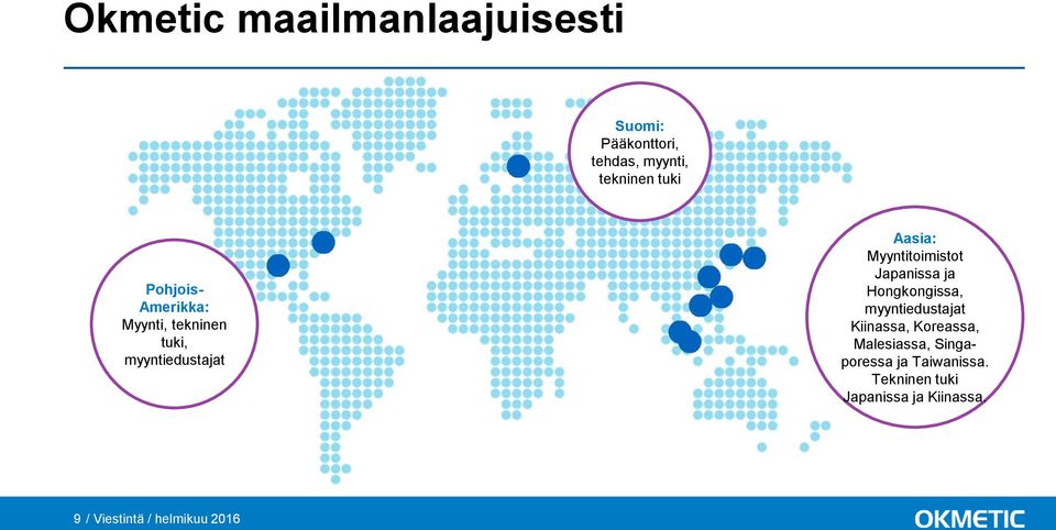 Japanissa ja Hongkongissa, myyntiedustajat Kiinassa, Koreassa, Malesiassa,