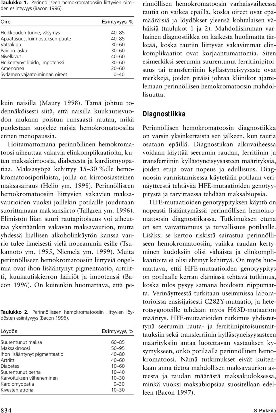 Sydämen vajaatoiminnan oireet 0 40 Taulukko 2. Perinnölliseen hemokromatoosiin liittyvien löydösten esiintyvyys (Bacon 1996).