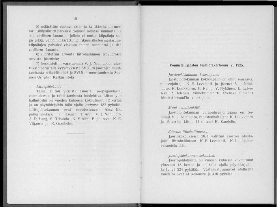 keskusteltiin varatuomari V. J. Niiniluodon alustuksen perustalla ky ymyksestä SVUL:n jaostojen muuttamisesta erikoisliitoiksi ja VUL:n muuttamisesta Suomen Urheilun Keskusliitoksi. Uiltojohtokunta.