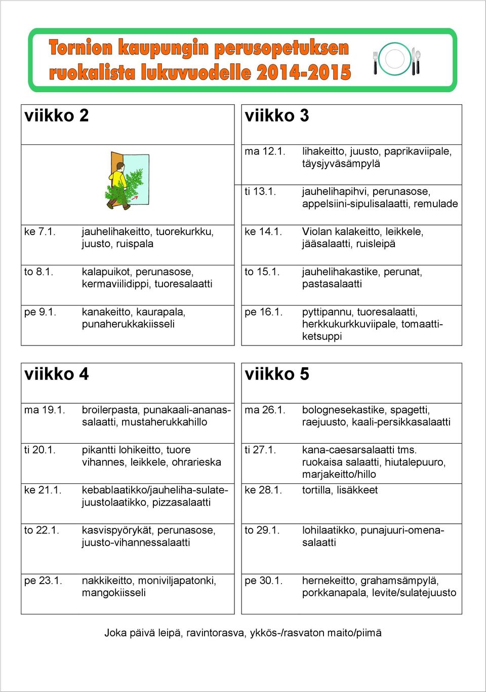 1. pe 9.1. pe 16.1. viikko 4 viikko 5 ma 19.1. broilerpasta, punakaali-ananassalaatti, ma 26.1. ti 20.1. ti 27.1. ke 21.1. ke 28.1. tortilla, lisäkkeet to 22.