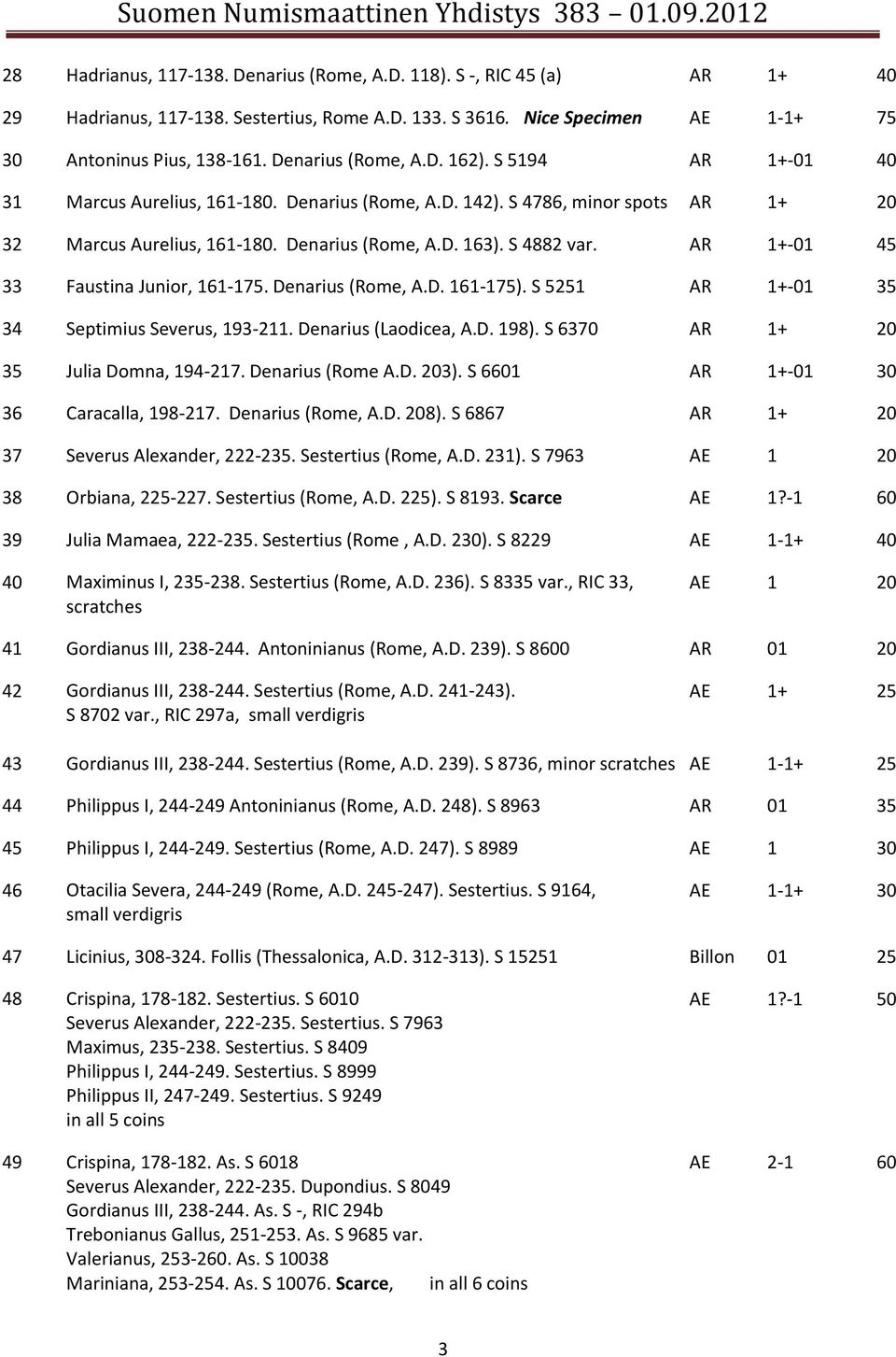 AR 1+-01 45 33 Faustina Junior, 161-175. Denarius (Rome, A.D. 161-175). S 5251 AR 1+-01 35 34 Septimius Severus, 193-211. Denarius (Laodicea, A.D. 198). S 6370 AR 1+ 20 35 Julia Domna, 194-217.