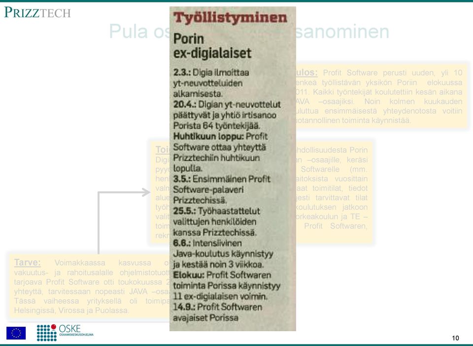 Toimenpiteet: JPT Oske informoi mahdollisuudesta Porin Digian toimistosta irtisanotuille Symbian osaajille, keräsi pyydetyn taustainformaation Profit Softwarelle (mm.