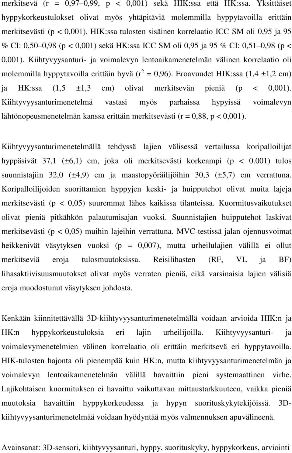 Kiihtyvyysanturi- ja voimalevyn lentoaikamenetelmän välinen korrelaatio oli molemmilla hyppytavoilla erittäin hyvä (r 2 = 0,96).