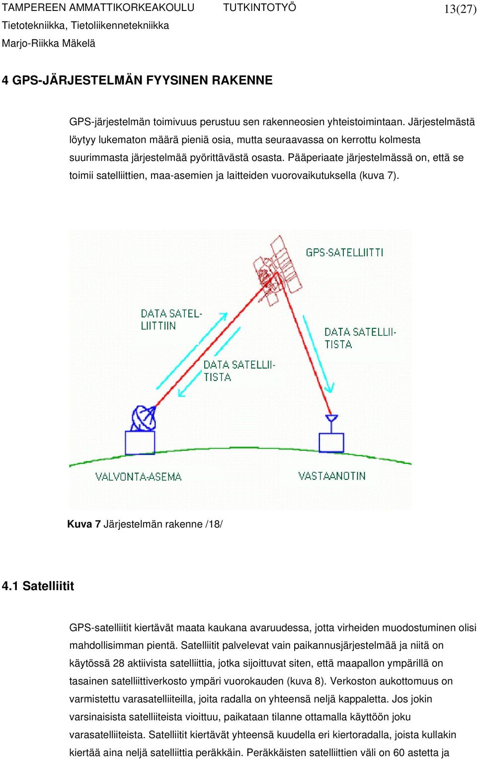 Pääperiaate järjestelmässä on, että se toimii satelliittien, maa-asemien ja laitteiden vuorovaikutuksella (kuva 7). Kuva 7 Järjestelmän rakenne /18/ 4.