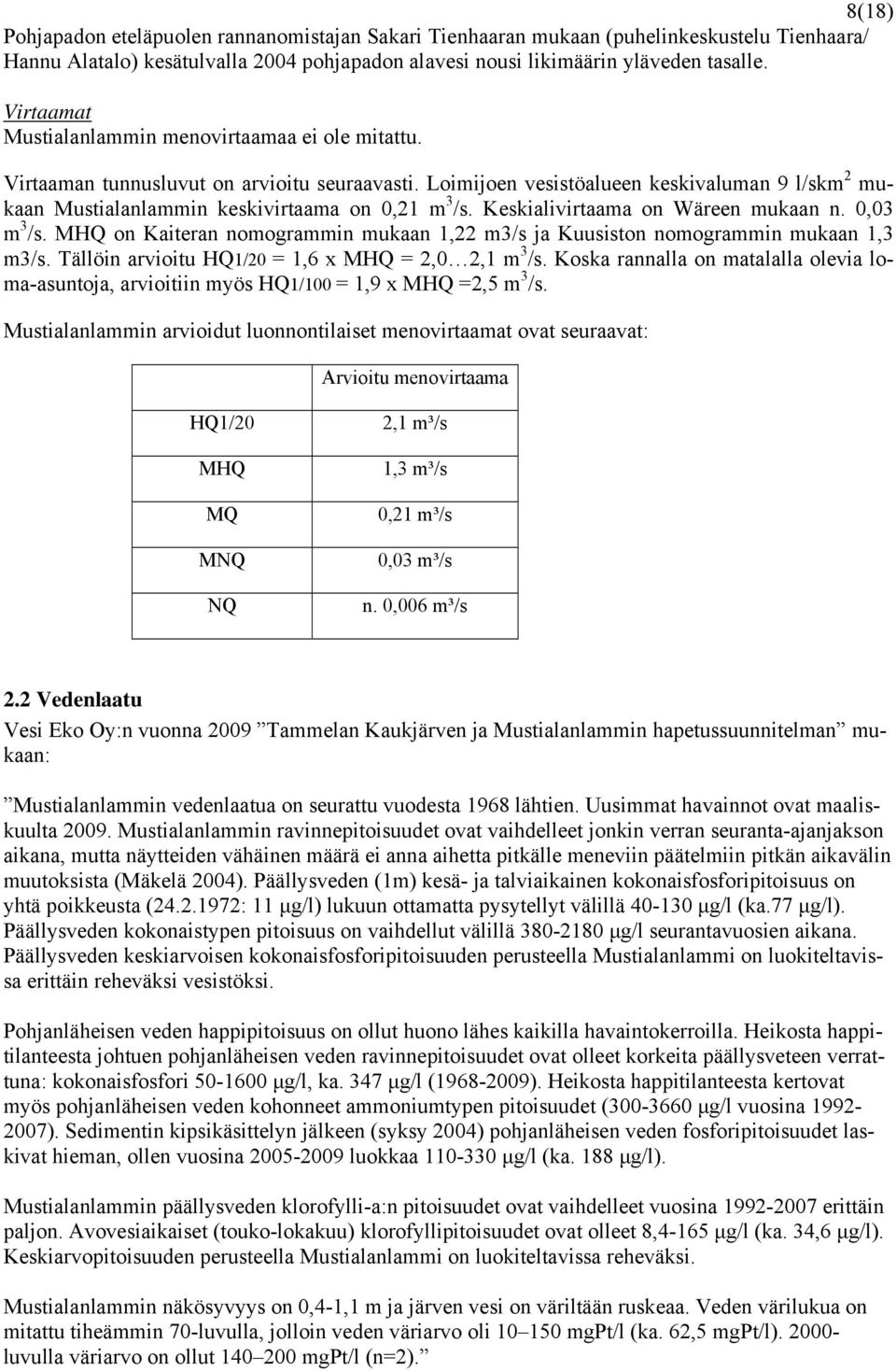 Loimijoen vesistöalueen keskivaluman 9 l/skm 2 mukaan Mustialanlammin keskivirtaama on 0,21 m 3 /s. Keskialivirtaama on Wäreen mukaan n. 0,03 m 3 /s.