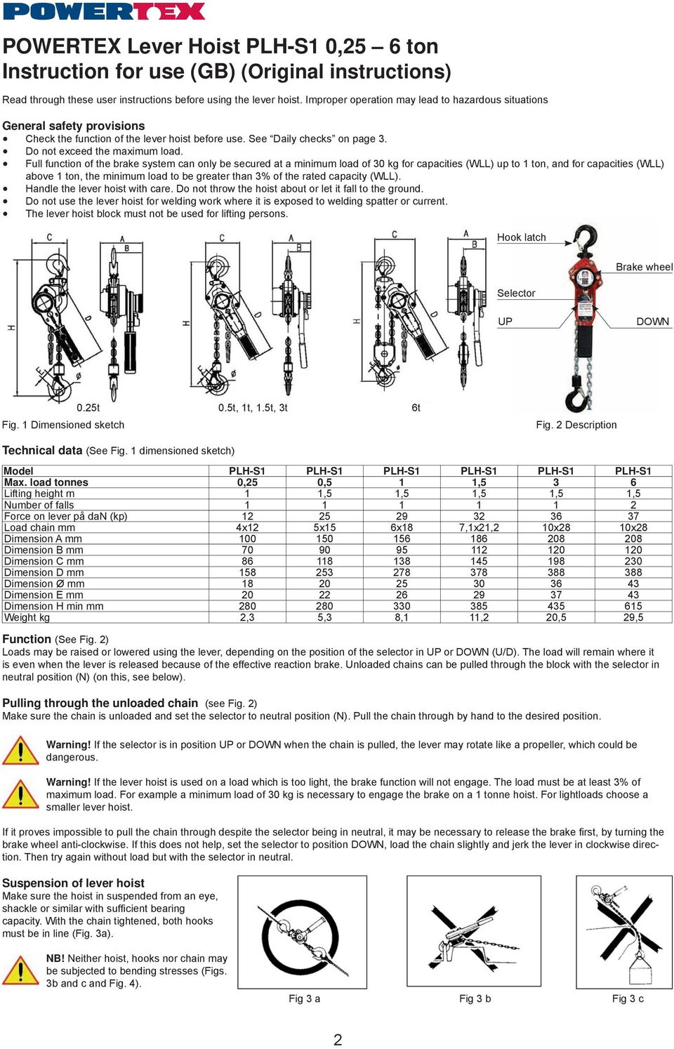 Full function of the brake system can only be secured at a minimum load of 30 kg for capacities (WLL) up to 1 ton, and for capacities (WLL) above 1 ton, the minimum load to be greater than 3% of the