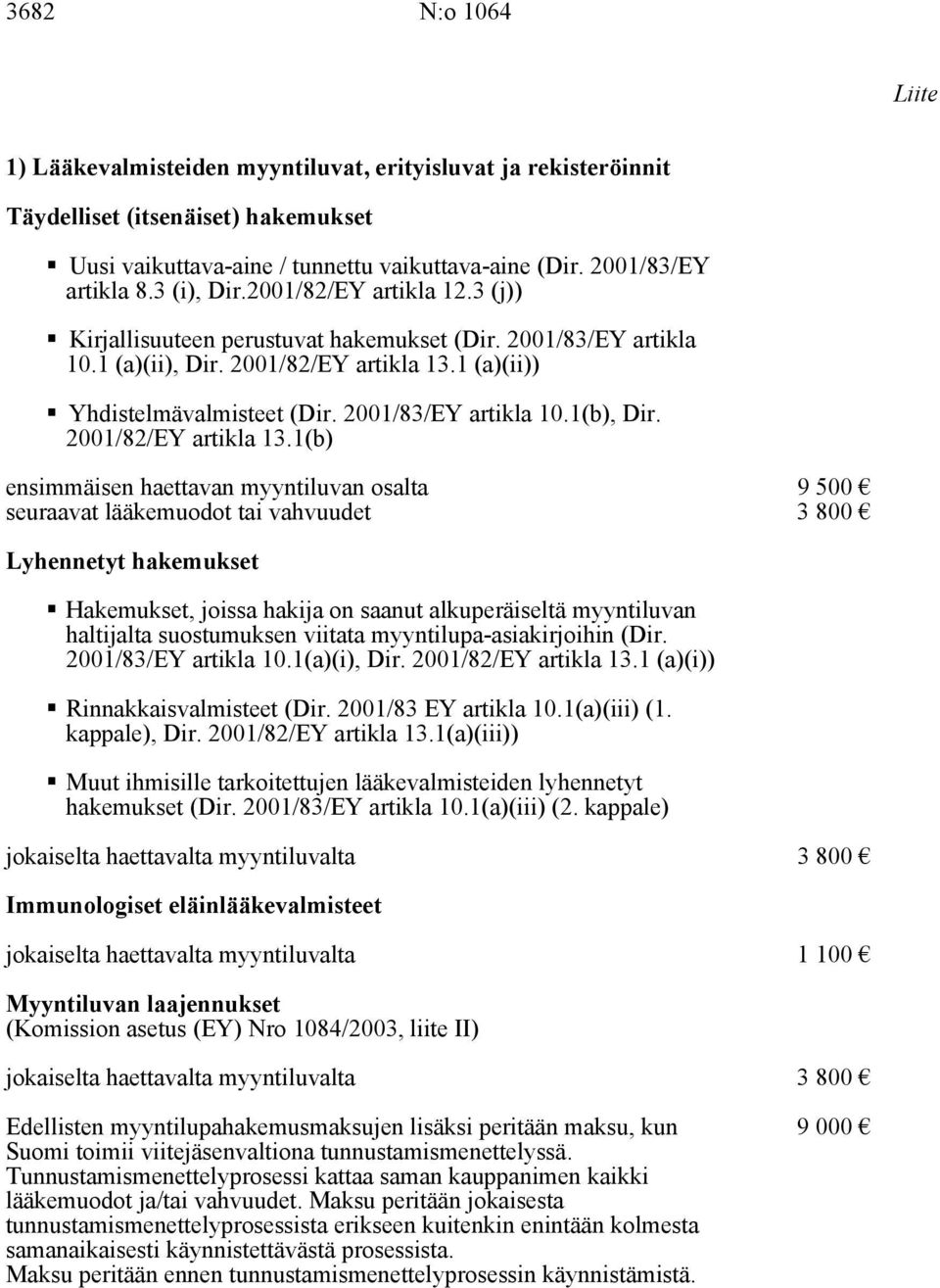 2001/83/EY artikla 10.1(b), Dir. 2001/82/EY artikla 13.1(b) ensimmäisen haettavan myyntiluvan osalta seuraavat lääkemuodot tai vahvuudet 9 500 3 800 Lyhennetyt hakemukset!