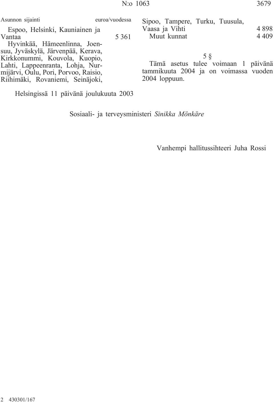 Sipoo, Tampere, Turku, Tuusula, Vaasa ja Vihti 4 898 Muut kunnat 4 409 5 Tämä asetus tulee voimaan 1 päivänä tammikuuta 2004 ja on voimassa