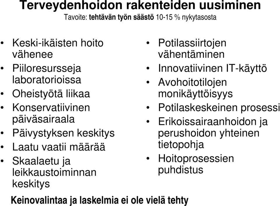 Skaalaetu ja leikkaustoiminnan keskitys Keinovalintaa ja laskelmia ei ole vielä tehty Potilassiirtojen vähentäminen