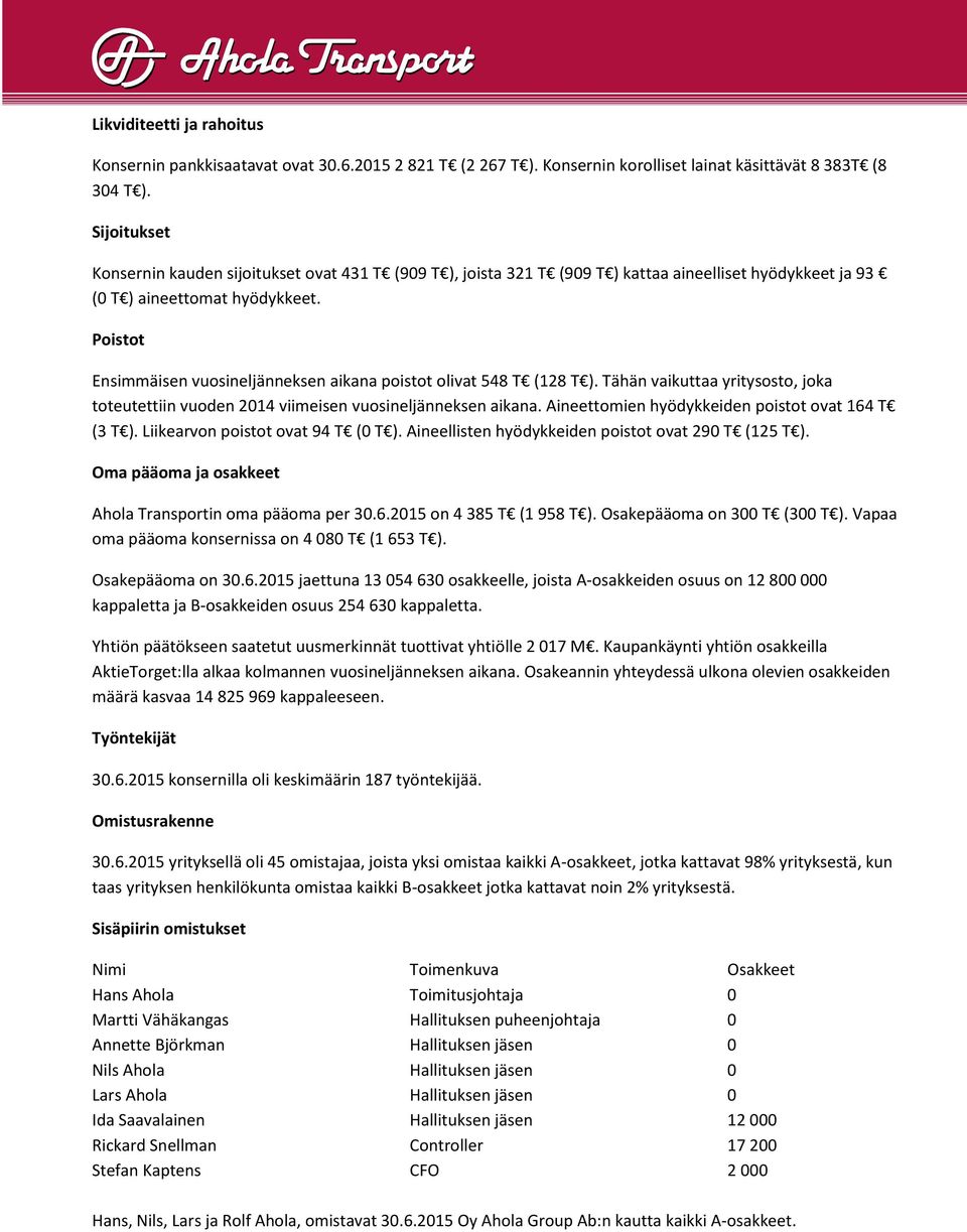 Poistot Ensimmäisen vuosineljänneksen aikana poistot olivat 548 T (128 T ). Tähän vaikuttaa yritysosto, joka toteutettiin vuoden 2014 viimeisen vuosineljänneksen aikana.