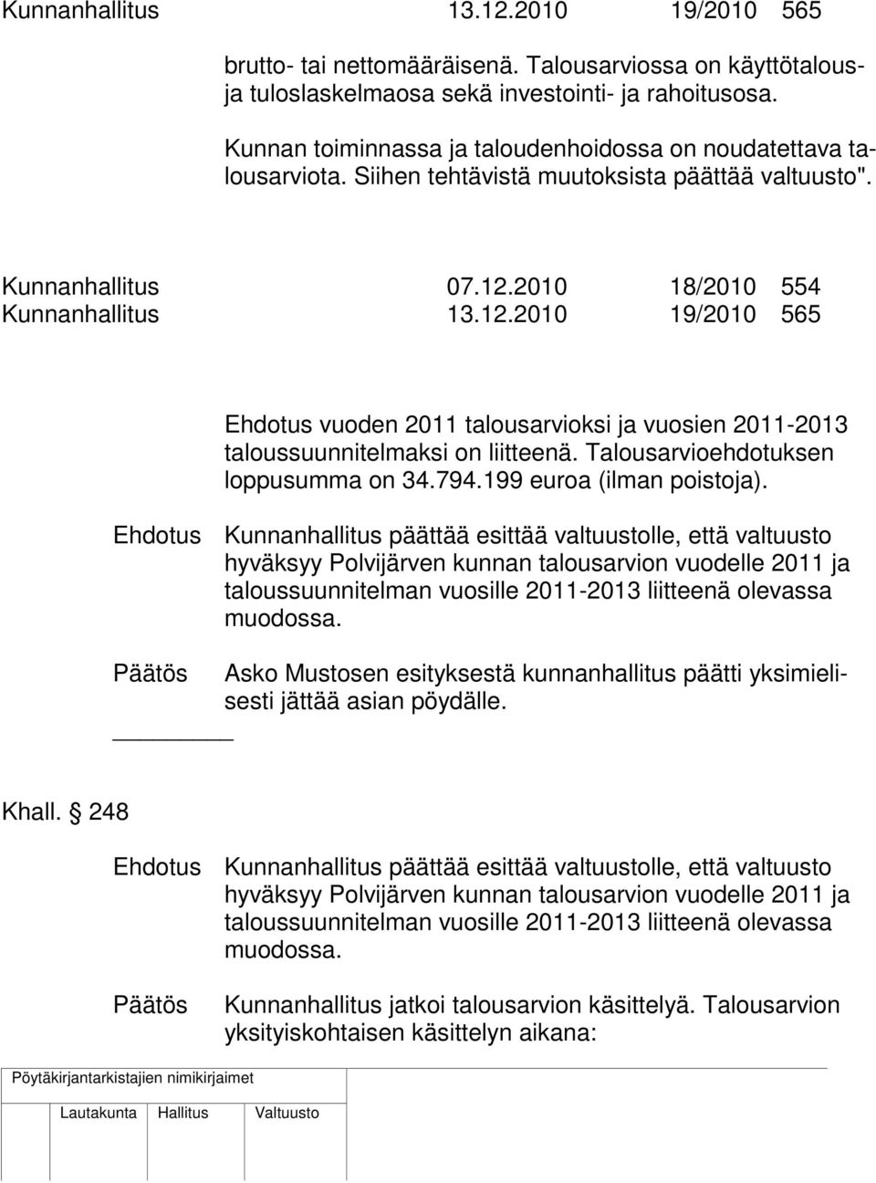 2010 18/2010 554 Kunnanhallitus 13.12.2010 19/2010 565 Ehdotus vuoden 2011 talousarvioksi ja vuosien 2011-2013 taloussuunnitelmaksi on liitteenä. Talousarvioehdotuksen loppusumma on 34.794.