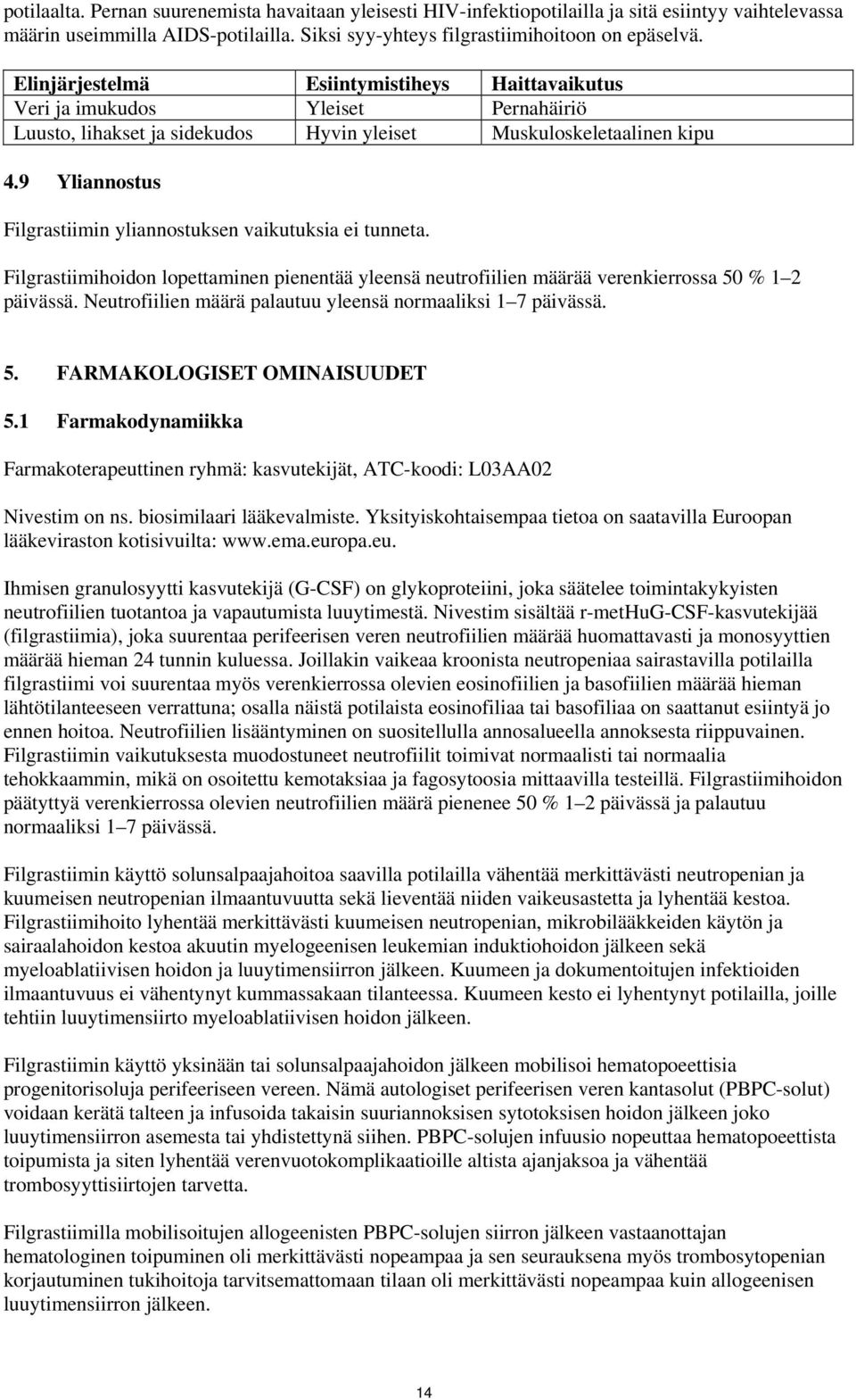 9 Yliannostus Filgrastiimin yliannostuksen vaikutuksia ei tunneta. Filgrastiimihoidon lopettaminen pienentää yleensä neutrofiilien määrää verenkierrossa 50 % 1 2 päivässä.